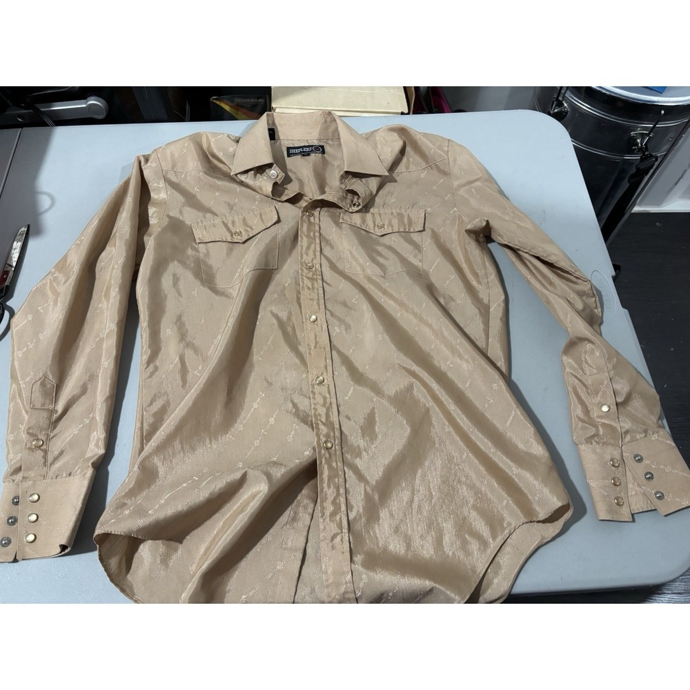 Sheplers Western Shirt Mens M Beige Button Up Pearl Snap Single Point‎ Pocket